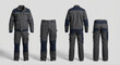© Rizal - Technician work uniform mockup. Gray blue cargo jacket and pants set with functional pockets. Ideal for branding industrial, construction or mechanical workwear. Front back view.