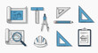 © jes - Collection of architectural and engineering tools and documents displayed on a clean white background from a straightforward viewpoint