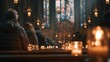 © vetrana - People gather in a church for a service focused on Jesus during evening hours with candles lit and stained glass windows visible