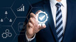 © aigiants - Professional businessman holding a digital quality assurance seal with business growth and networking icons for standard excellence and corporate trust building strategy
