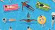 © Steven - Overhead view of people swimming, floating, and relaxing on colorful inflatables in a vibrant blue pool