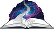 © MDMUKTADIR - Open book with spiral staircase leading into cosmic galaxy and stars fantasy literature and imagination concept vector