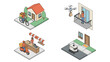 © Mahfuz - Isometric Vector Illustration Set of Modern Food Delivery Services Featuring Courier on Bicycle, Drone Air Delivery to Balcony, Scooter Pickup at Restaurant, and Autonomous Sidewalk Robot.
