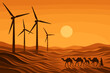 © Halina Berah - Wind turbines stand tall as camels walk across the desert during sunset with a bright sun in the background