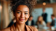 © Enrique - young woman with captivating, radiant features, representing African heritage, aged 32, confidently leading a team meeting in a modern office space