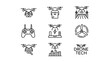 © sabine - Minimalist line art drone technology icon set featuring quadcopters for package delivery, aerial photography, smart farming, and inspection, including remote control, propeller, and charging dock.