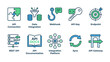 © sabine - Comprehensive set of 10 modern flat line icons for API and software integration, featuring API connection, data integration, webhook, API key, endpoint, REST API, documentation, platform, sync, and