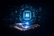 © NongEngEng - AI generated glowing AI microchip hovers above an open human hand with digital hud interface and data circuits representing future technology innovation and intelligent systems