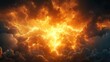 © akun - A mesmerizing and dramatic sky ablaze with fiery orange and golden clouds, illuminated by an intense burst of radiant light, evoking awe-inspiring natural power and energy