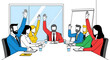 © Thai - Diverse investors raising hands to ask questions during a corporate business meeting seminar or presentation, hand drawn flat vector illustration of professional people participating in workshop