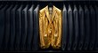 © SubaDesigns - A gleaming gold suit stands alone among a row of dull grey jackets, a powerful metaphor for unique talent, breaking the mold, and achieving extraordinary success in a conformist world