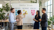 © Eduardo Accorinti - Business strategy session meeting with diverse team planning objectives and key initiatives using sticky notes on whiteboard in modern office