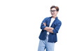 © NETI studio - Cheerful Youth with Eyeglasses: A vibrant individual exudes confidence and happiness, adorned with stylish eyeglasses and a fashionable blue shirt. Capturing a moment of authentic joy.