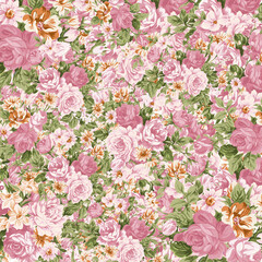  Seamless Pink Rose Floral Pattern with Green Leaves