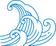 © Buch&Bee - Asian sea, Chinese blue curly wave icon or sign. Japanese ocean wind blown water peak line icon, Asian sea tide curly tsunami graphic vector tattoo. Chinese aquatic frothy wave blue element or symbol