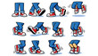 © TamimTech - Cartoon legs in shoes. Comic retro feet in different poses, funny character mascot foot in boot, leg standing, walking, running, jumping