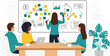 © Sanjida - Business team meeting illustration with diverse professionals analyzing data charts strategy planning collaboration brainstorming and corporate presentation concept