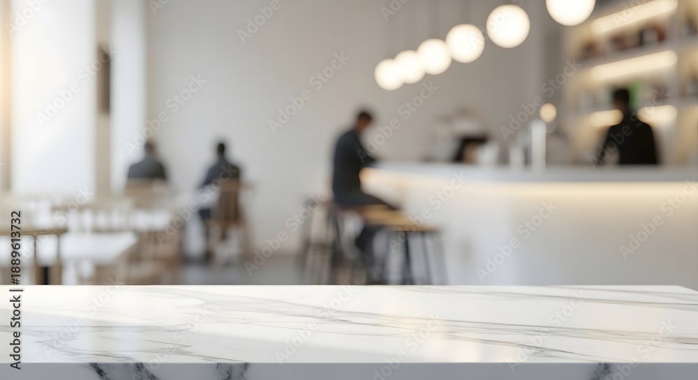 Modern Cafe Background with Bokeh Lights and Marble Table for Mockup