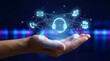 © CuteBee - A hand presenting a glowing network of communication icons including headphones signifying modern customer service and connectivity high quality professional detailed elegant