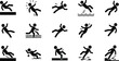 © SABINA - Slip and fall icons, safety hazard silhouettes, accident prevention, workplace warning signs, falling person poses, vector illustration, black symbols, isolated on white background