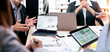 © NAMPIX - Business team analyzing financial sales performance charts and ESG reports on digital tablets and laptop during a collaborative meeting in the office.