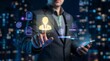 © CuteBee - A businessman interacts with glowing digital icons representing human resources data analytics and network connections in a city high quality professional detailed