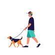 © andrie - Man walking dog with headphones and smartwatch, outdoor leisure, flat illustration