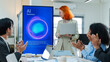 © Yingyaipumi - Diverse creative team use Ai Assistant (artificial intelligence assistant) on AI-assisted display for Marketing Data Analyst meeting at office.Coding team,develop Ai Assistant,business brainstorming