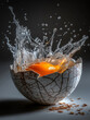 © Nusaba - Eggshell splash of yolk and water: Captured in a high-speed still, a vibrant egg yolk bursts from its shell amidst a dramatic splash of water.