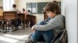 © Lexi - Young boy sitting alone on floor in classroom looking sad