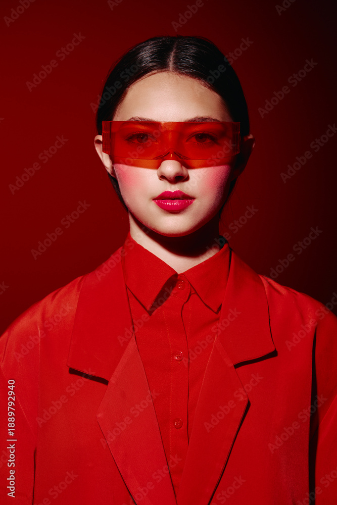 Young woman wearing red tinted sunglasses and an oversized red jacket poses against a red background with bold makeup. Fashion concept with modern beauty and creative style.