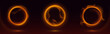 © klyaksun - Abstract fire rings glowing on black background with smoke or haze. Vector realistic illustration of round frames with burning flame effect, hot circles shimmering in darkness, magic portal