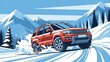 © Firy - Orange SUV Drifting on Snowy Mountain Road with Winter Scenery.