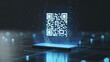 © Creative workshop  - Holographic QR code scanning above a smartphone on a dark digital technology background