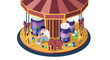 © John - Man working on wooden carousel with tools and horses in a vibrant fairground scene