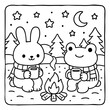 © AmazingArt - A cute illustration featuring a rabbit and a frog sharing warm drinks by a campfire under a starry night sky.