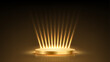 © backup16 - Gold award podium. Empty 3d golden stage with glowing light rays on glitter floor. Luxury product presentation, glamour design beauty industry, winner ceremony. Abstract vector illustration on black.
