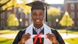 © Iuliia - African american man in graduation cap and gown holding diploma. Education success and achievement. Commencement day concept for university.
