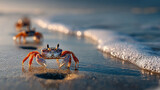 Crabs scuttling across sandy shore, small crustaceans moving over tidal beach, footprints in wet sand, coastal ecosystem interaction, dynamic natural behavior captured in sunlight, seaside habita