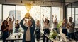 © Raj - Business Team Celebrating Success with Trophy in Office, Corporate Achievement Party, Winner Celebration and Teamwork Motivation Concept