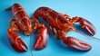 © Babb - Two bright red lobsters are placed on a vibrant blue surface showcasing their impressive claws and glossy shells. They are ready for preparation or serving at a seafood gathering.