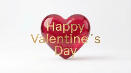 3D glossy heart with sparkles on clean white background, modern “Happy Valentine’s Day” greeting typography