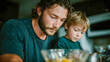 © Aliaksandra - Caring father and young child preparing food together in a cozy kitchen, capturing authentic family bonding and everyday life