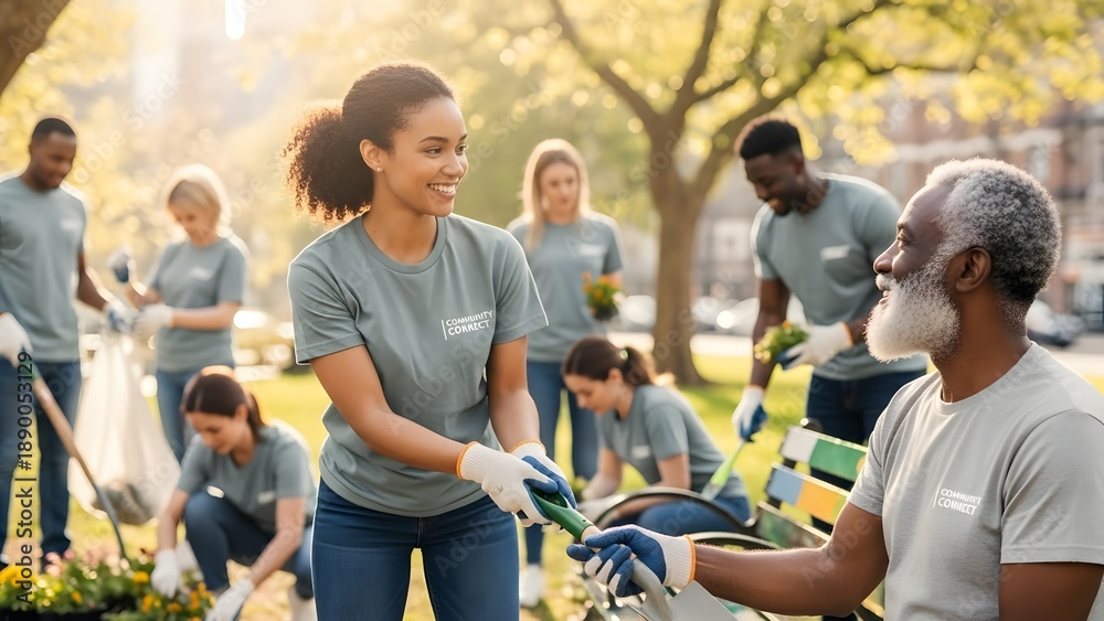 Volunteers working together in a community park, spreading joy and ...