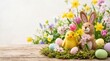 © ABSTRACTARTWORK - Easter celebration with bunny and chick bright floral garden decorative arrangement spring theme close-up view festive spirit for family gatherings and holiday decor