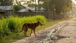 © Rumaiya - Dog walking on rural dirt road at sunrise with village houses