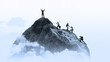 © master1305 - Graphic composition of business team climbing mountain toward peak. Concept of leadership journey, teamwork, ambition, achievement, overcoming obstacles, and corporate growth.