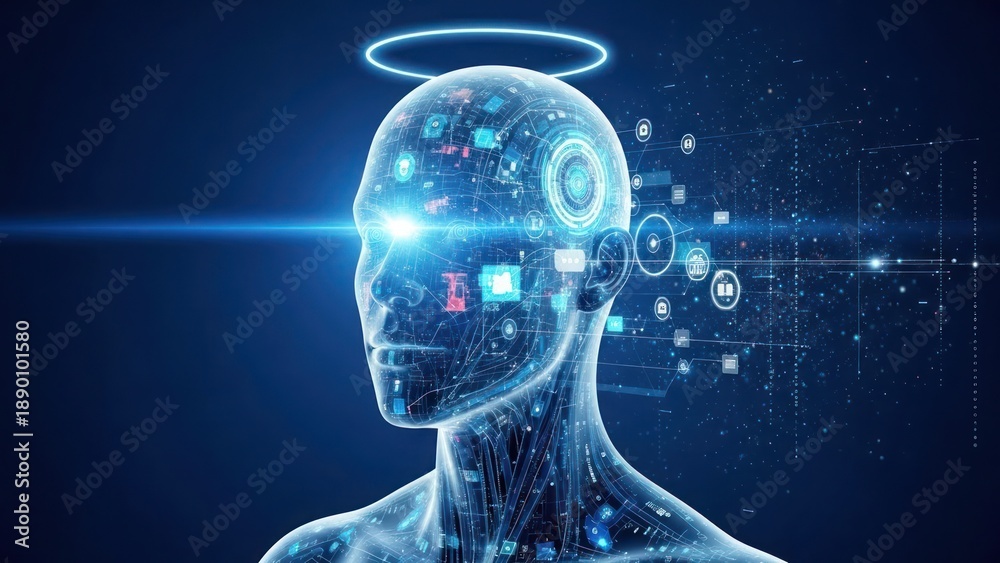 Artificial intelligence concept with a glowing halo and data stream ...