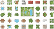 © PROMA - An assortment of pixel art landscape elements and garden features displayed overhead