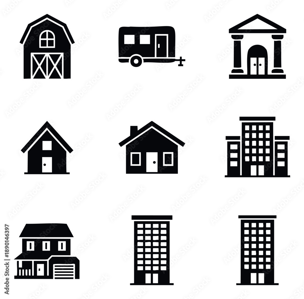 Set of diverse building and housing icons including barns, travel ...